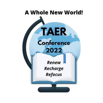 TAER Conference Logo: Globe with Book that reads renew recharge refocus